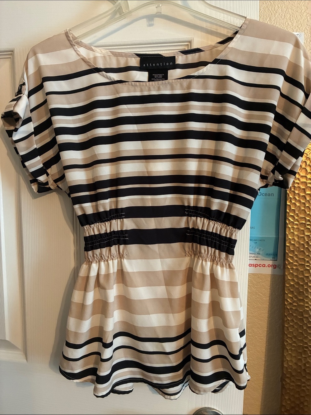 attention Black, Tan & White Striped Peplum Top